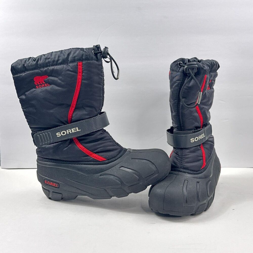 Sorel Flurry Snow Boots Youth 6 Black Red Insulated Winter Snow Slip Resistant